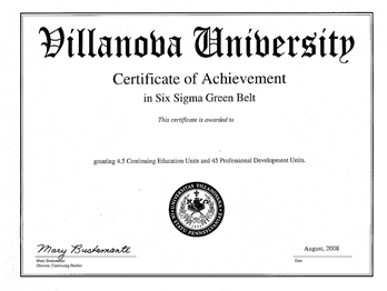 Certificate of Achievement in Six Sigma Green Belt